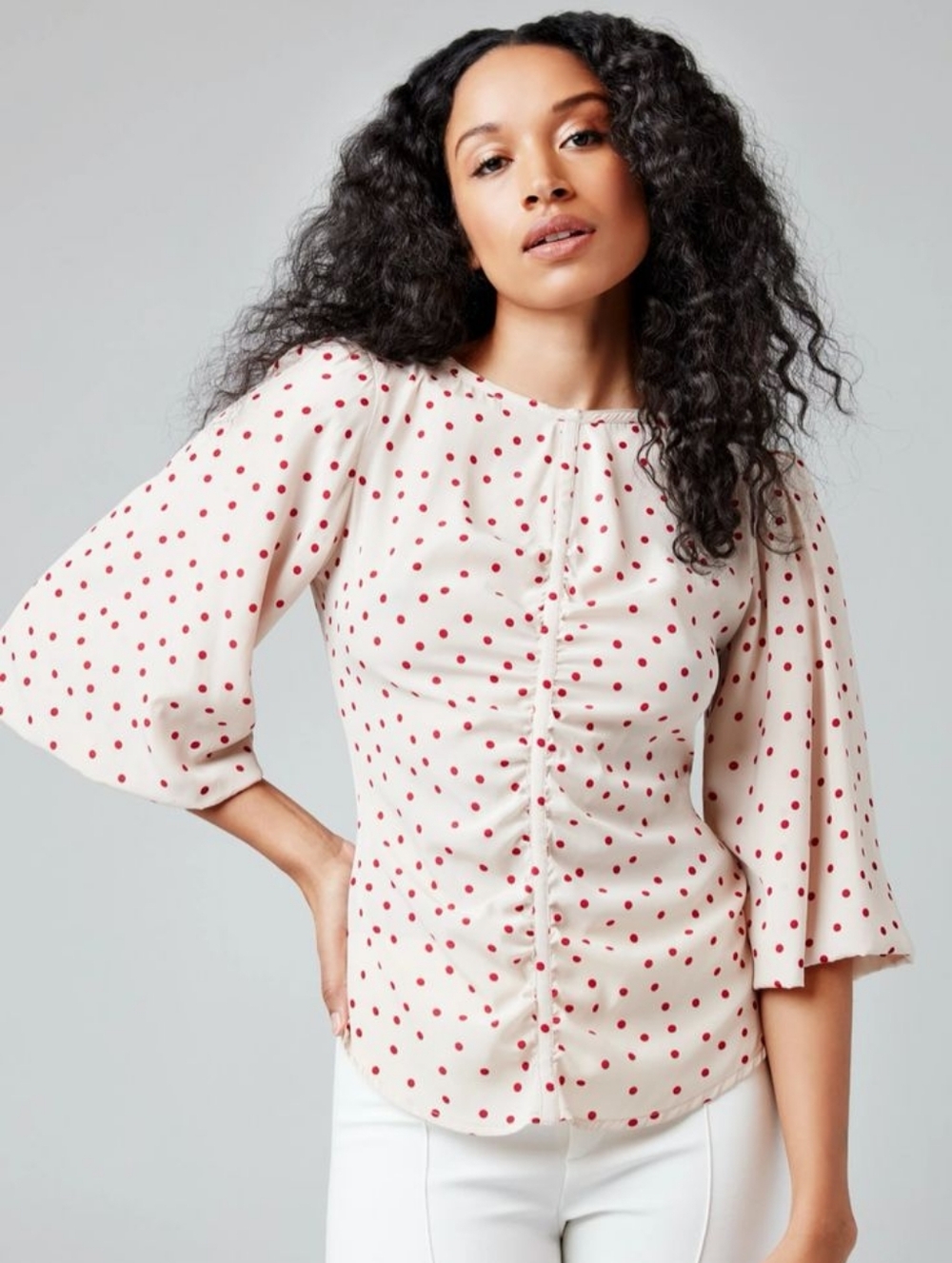 Smythe Polka Dot Balloon Sleeve Blouse Women’s XS Red Cream Career Chic